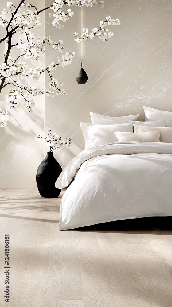 Wall mural   A white comforter adorns a bed with two black vases containing white flowers on the sides