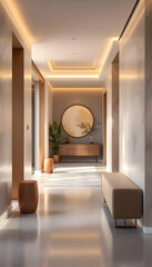 Modern Minimalist Hallway Design with Warm Lighting and Neutral Tones