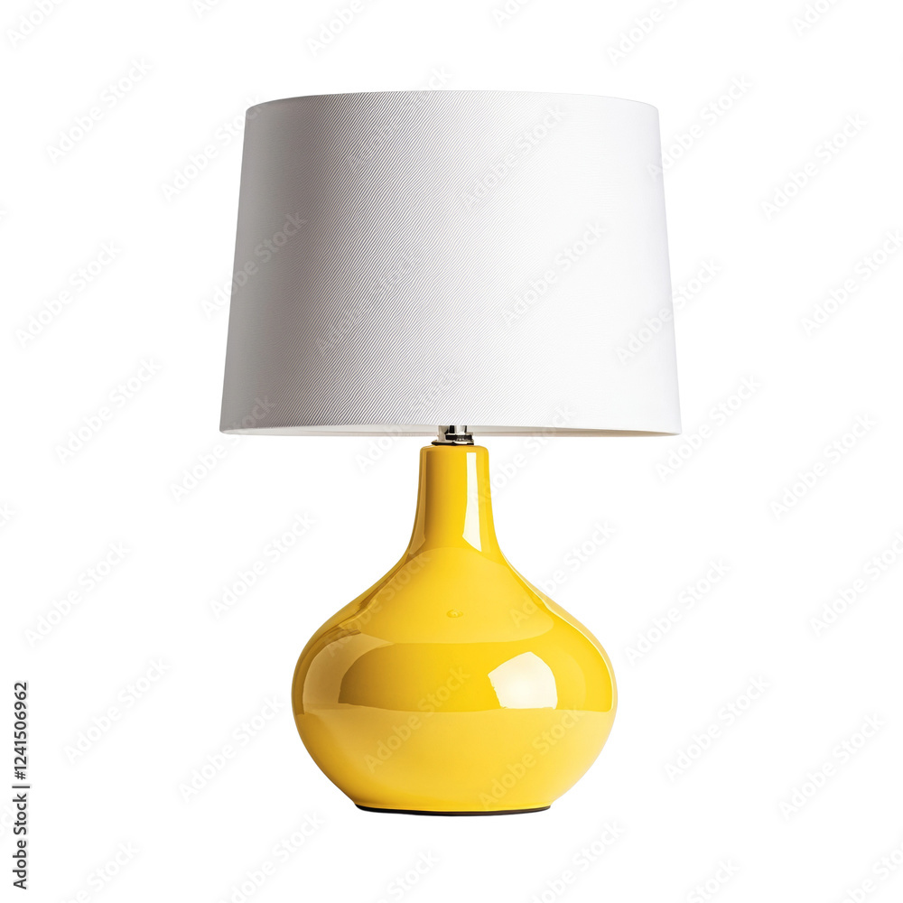 Poster a stylish modern table lamp with a glossy yellow ceramic base and a white fabric shade providing sof
