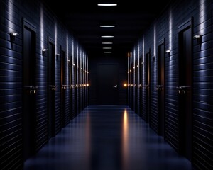 Fototapeta premium Long, dark hallway with illuminated doors, evoking a sense of mystery and anticipation in a modern setting.