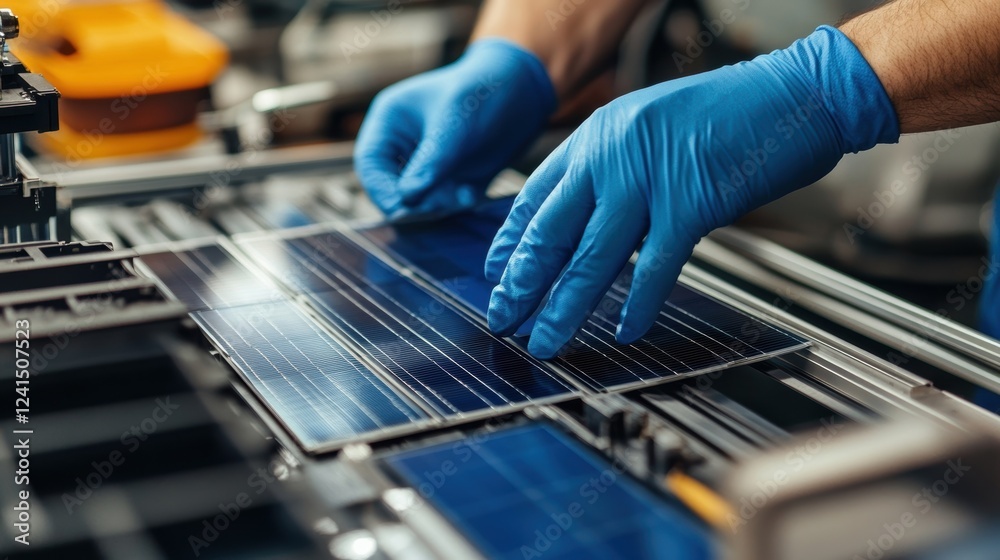 Wall mural An engaging closeup of a solar panel assembly process featuring gloved hands placing strips of perovskite onto a frame with tools and components neatly arranged in the foreground emphasizing