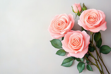 Fototapeta premium Three pink roses are arranged in a vase, with green leaves surrounding them