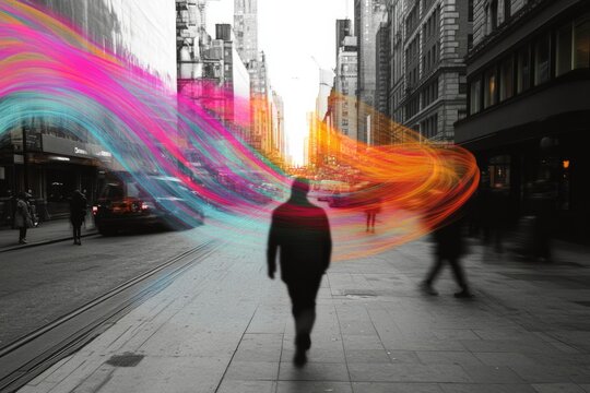 Fototapeta Vibrant city streets with colorful light trails in black and white