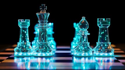 Glowing turquoise chess pieces on classic board with dramatic lighting and reflections create atmospheric gaming scene with strategy concept for business and competition.