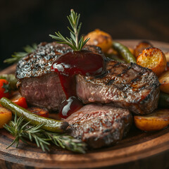 Filete jugoso con costra dorada y salsa de vino tinto