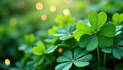 Close-up view of vibrant green clovers with soft bokeh in the background, creating a festive atmosphere for St. Patrick's Day.