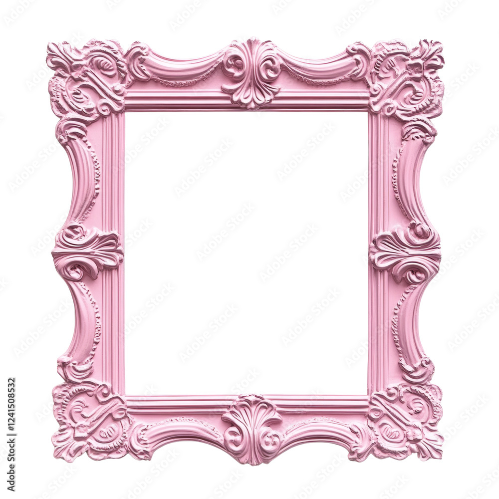 Poster a pink ornate square picture frame with intricate detailing is isolated against a black background.
