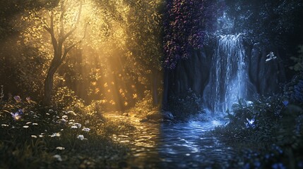 A Fantasy Forest Divided by Day and Night with a Waterfall