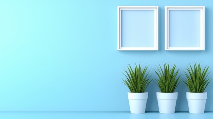 Fototapeta premium Modern interior with potted plants against a blue wall, offering a fresh and vibrant atmosphere.