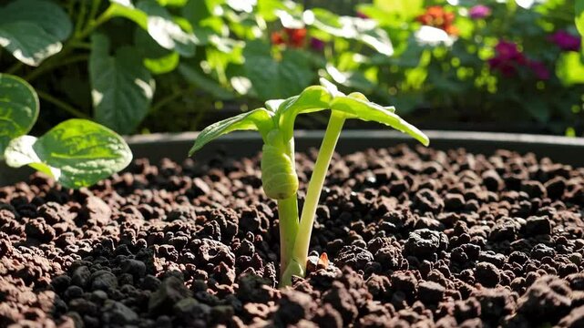 tiny sprout breaking through soil in a lush garden bed