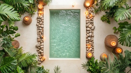 Serene outdoor pool surrounded by lush greenery and candles, creating a tranquil relaxation space