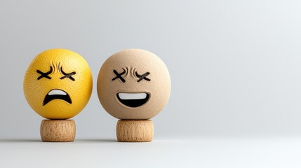 Fototapeta premium Sad and happy emoticon spheres, studio background, 3D render, website design