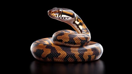 Obraz premium Captivating ball python coiled on black background macro photography serene environment intimate viewpoint