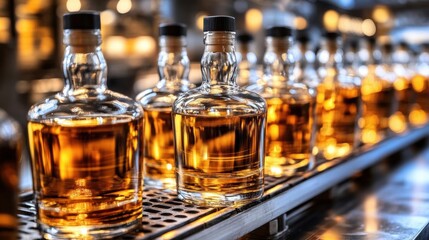 Bottles of Golden Whisky on Production Line in Distillery Setting
