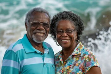 Portrait of a smiling afro-american couple in their 60s wearing a breathable golf polo while standing against crashing waves background