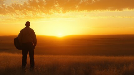 Solitary Traveler Observing Stunning Sunset Over Rolling Hills