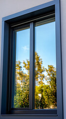 Fototapeta premium Stylish modern window reflecting trees and blue sky in a residential area during a sunny day