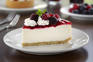 Delicious Creamy Cheesecake Slice Topped with Berry Compote and Whipped Cream