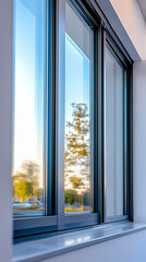 Obraz premium Stylish modern window reflecting trees and blue sky in a residential area during a sunny day
