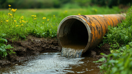 Wastewater, A high-fidelity image of a pipe discharging treated wastewater into a wetland environment, showcasing environmental management and sustainability.