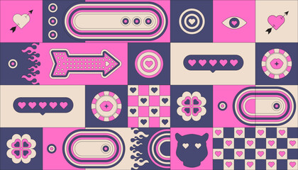 Valentines day. Playful Geometric Horizontal composition with Hearts. Retro Groovy Funny Y2k vibe. Simple abstract shapes. Vibrant Background, love mood. Design elements. Electic Pink. Checkered print