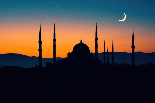 Silhouette of Mosque at Sunset with Crescent Moon: Ramadan Night in Turkey