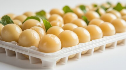 Fresh Creamy Spheres on White Tray with Green Mint Leaves Decor