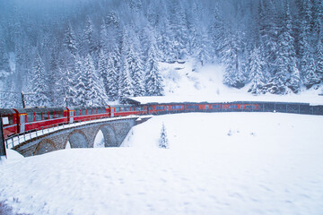 Swiss Alps: January 27, 2025: Epic Bernina Express route across the mountains.