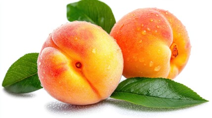 Fresh Peaches with Water Drops and Green Leaves on White Background