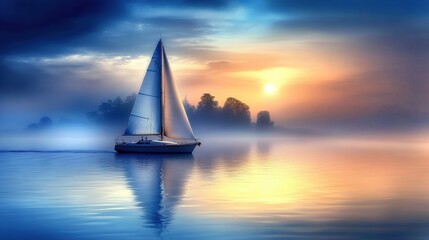 Serene sailboat on tranquil lake during sunrise with misty backdrop