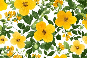 A seamless pattern featuring vibrant yellow flowers and green leaves on a white background