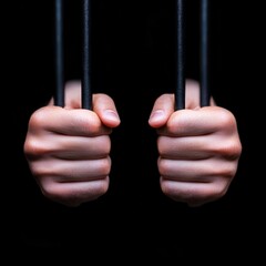 Two hands gripping prison bars, symbolizing confinement and the struggle for freedom in a dark setting.