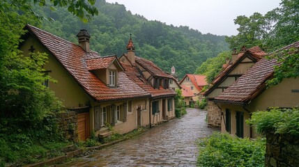 Charming Village Streets with Quaint Houses and Verdant Nature