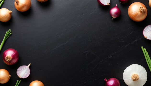 Various onions isolated on a black kitchen counter with text space.Including slice onion,green onion and purple onion. - Powered by Adobe