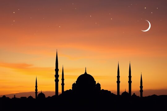 Sunset Silhouette of Mosque with Crescent Moon and Stars Night Sky