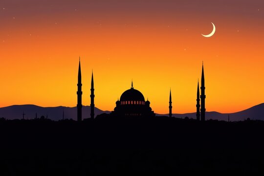 Sunset Silhouette of Mosque with Minarets and Crescent Moon