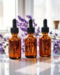 Three amber bottles of essential oil with lavender flowers. Aromatherapy, skincare, beauty, wellness concept.
