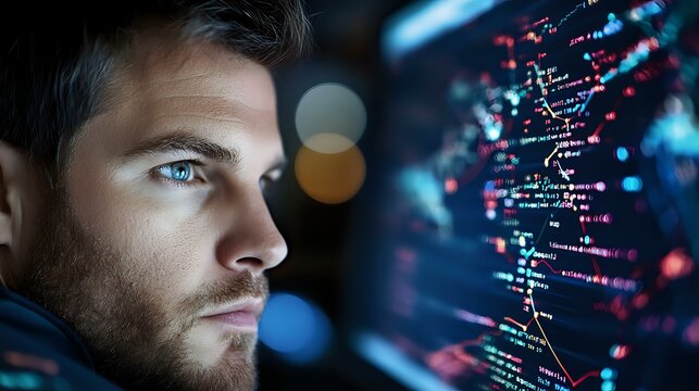 Young Caucasian male developer looking at glowing computer code on dark screen with blue and red programming syntax highlighting, side profile view in night office.