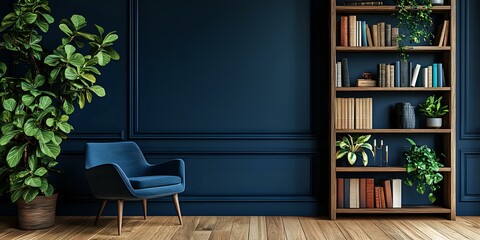 Modern reading nook with blue armchair against dark navy wall, wooden bookshelf filled with books and decorative plants, hardwood flooring.