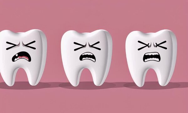 Three sad teeth, dental pain illustration, pink background, healthcare