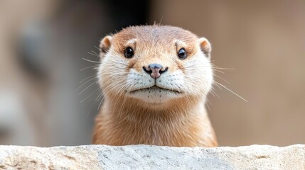 Curious otter peering over a rock, zoo enclosure background