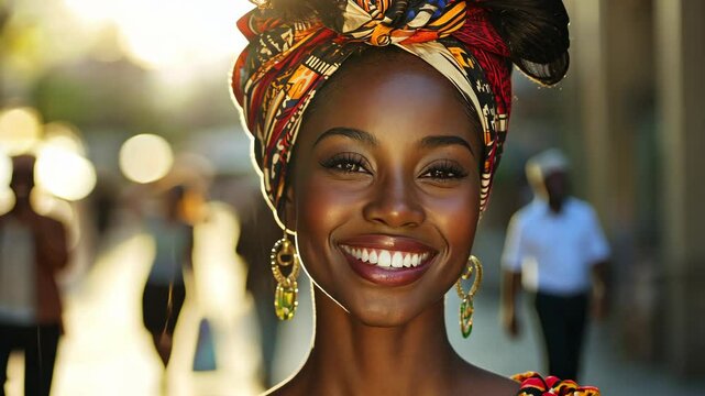 Smiling woman with colorful head wrap in a vibrant street during golden hour