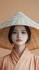 Asian Woman in Traditional Conical Hat and Kimono