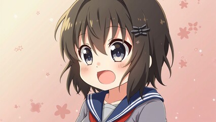 Happy Anime Girl in Sailor Uniform with Pink Background