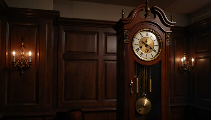 Elegant wooden grandfather clock in vintage room, timeless sophistication