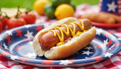 Patriotic hot dog with mustard on Fourth of July picnic plate, Independence Day celebration