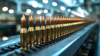 Ammunition rounds lined up in production facility with selective focus on brass cartridges and copper tips against blurred industrial background.