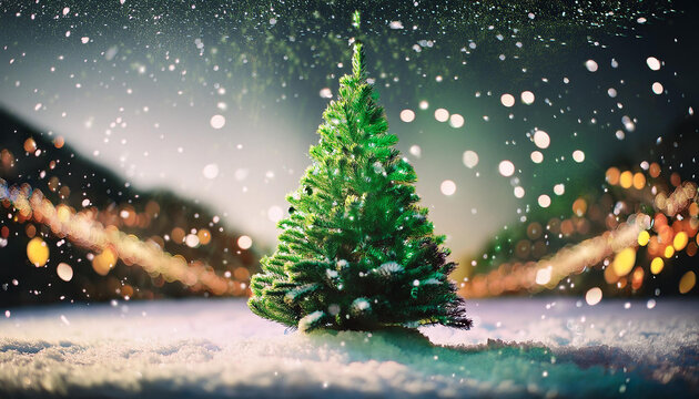department of green christmas tree on background of falling snow and new yr s lights