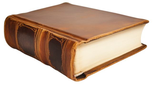Closed antique leather bound book resting on transparent background