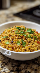 Lebanese lentil rice with caramelized onions.